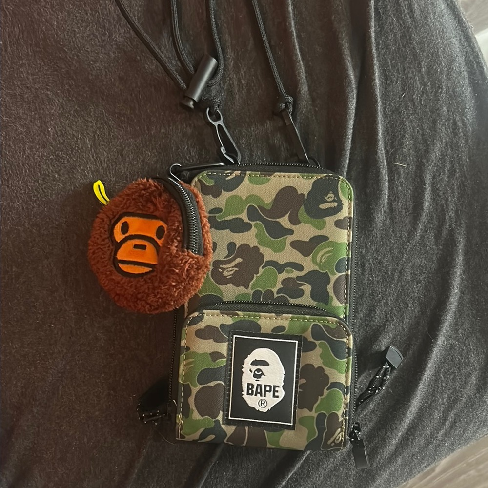 Bape Green Camouflage Belt Bag with Ape Keychain